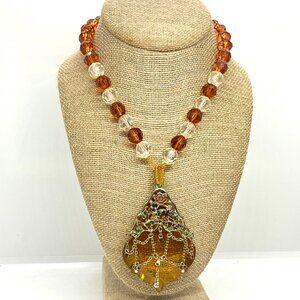 VINTAGE CZECH STYLE WHIMSYGOTH AMBER ACRYLIC FILIGREE NECKLACE FANTASY